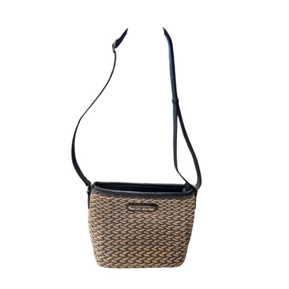 Brighton woven straw & blue leather crossbody bag*decorative silver plaque - Picture 2 of 7